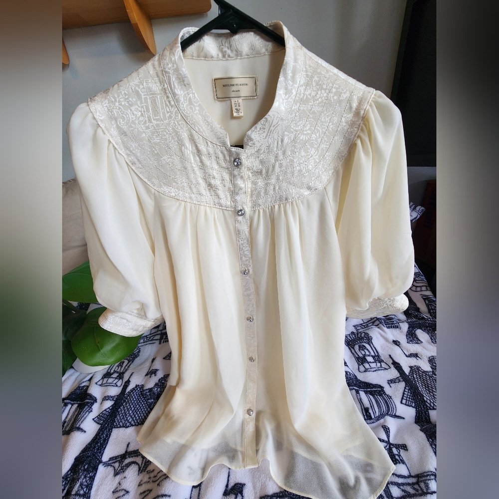 Moulinette Soeurs Anthropologie Blouse Colline Bibbed Ivory Top - Size 8